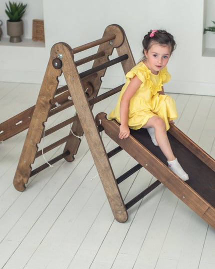 3in1 Montessori Climbing Set: Triangle Ladder + Slide Board + Net – Chocolate