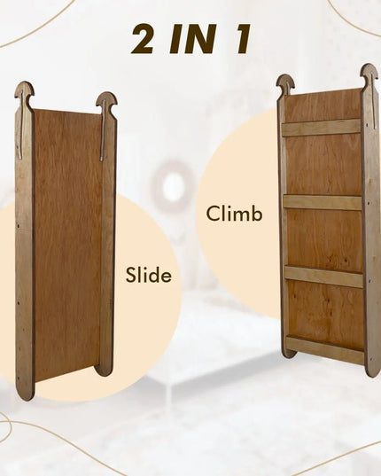 3in1 Montessori Climbing Set: Triangle Ladder + Slide Board + Net – Chocolate