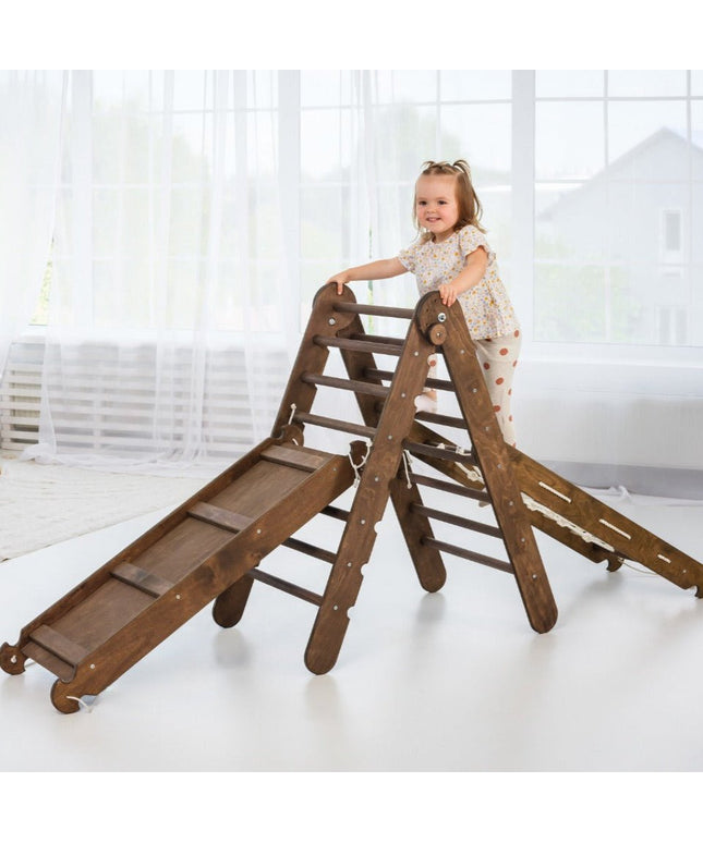 3in1 Montessori Climbing Set: Triangle Ladder + Slide Board + Net – Chocolate