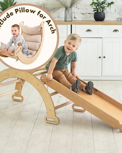 3in1 Montessori Climbing Set: Climbing Arch + Slide Board + Cushion – Chocolate
