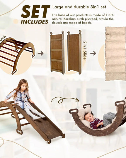 3in1 Montessori Climbing Set: Climbing Arch + Slide Board + Cushion – Chocolate