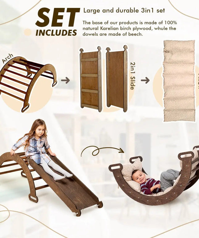 3in1 Montessori Climbing Set: Climbing Arch + Slide Board + Cushion – Chocolate