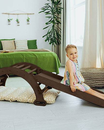 3in1 Montessori Climbing Set: Climbing Arch + Slide Board + Cushion – Chocolate