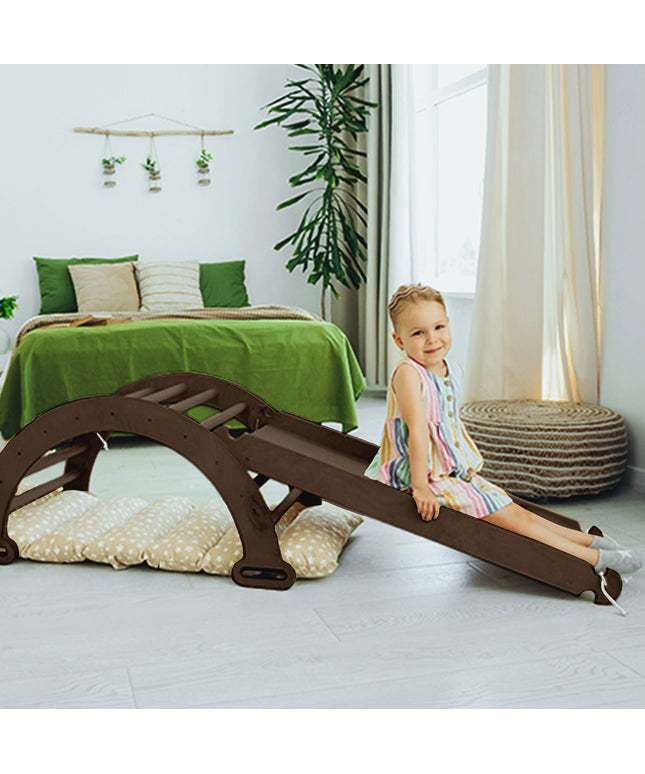 3in1 Montessori Climbing Set: Climbing Arch + Slide Board + Cushion – Chocolate