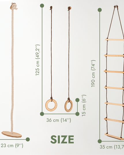 3in1 Swing & Climbing Set: Rope Ladder, Gym Rings & Disc Swing