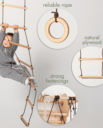 3in1 Swing & Climbing Set: Rope Ladder, Gym Rings & Disc Swing