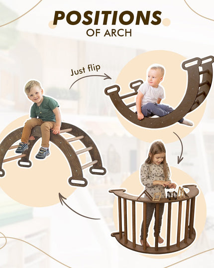 The 4in1 Montessori Climbing Set consists of: Triangle Ladder + Arch/Rocker + Slide Board/Ramp + Net – Chocolate