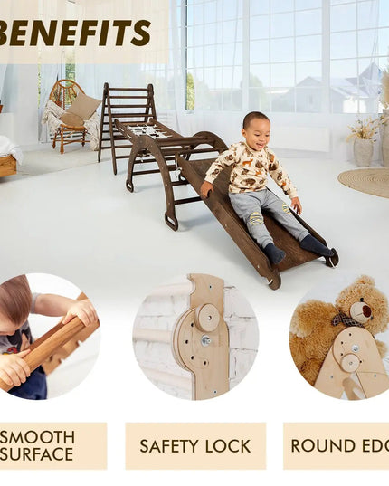 3in1 Montessori Climbing Set: Triangle Ladder + Slide Board + Net – Chocolate