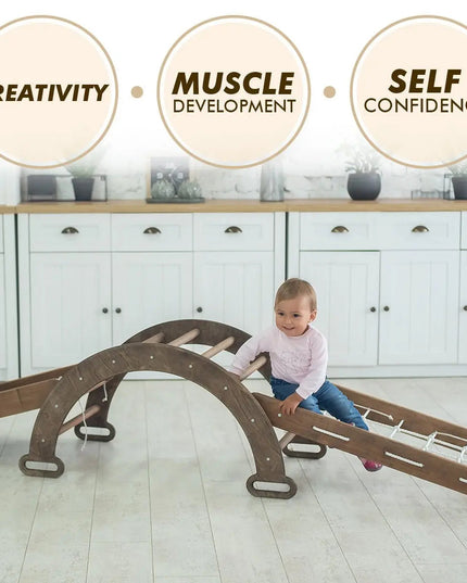 The 4in1 Montessori Climbing Set consists of: Triangle Ladder + Arch/Rocker + Slide Board/Ramp + Net – Chocolate