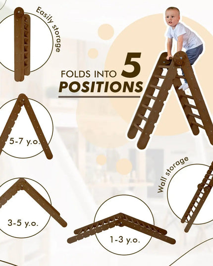 The 4in1 Montessori Climbing Set consists of: Triangle Ladder + Arch/Rocker + Slide Board/Ramp + Net – Chocolate