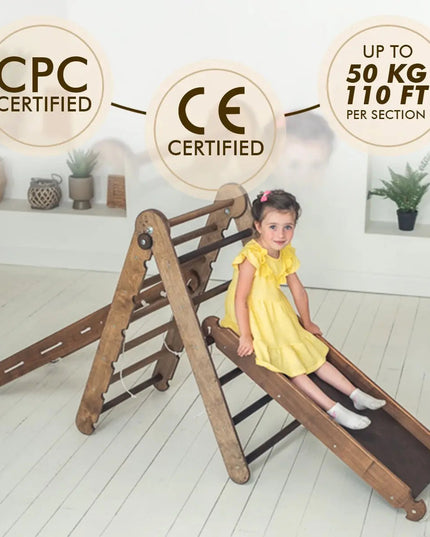 3in1 Montessori Climbing Set: Triangle Ladder + Slide Board + Net – Chocolate