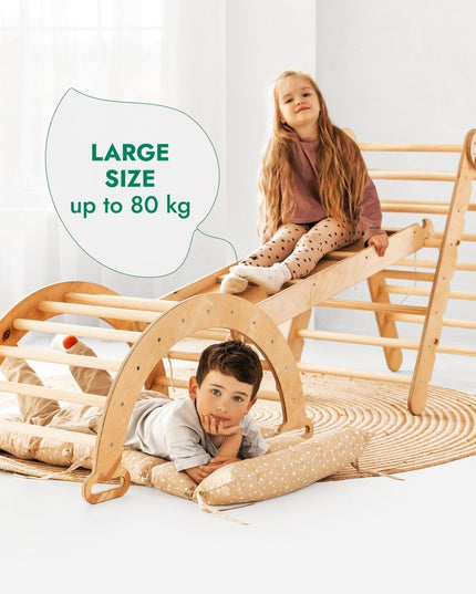 4in1 Montessori Climbing Set: Triangle Ladder + Climbing Arch + Slide Board & Cushion – Beige