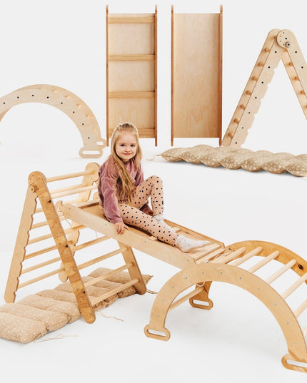 4in1 Montessori Climbing Set: Triangle Ladder + Climbing Arch + Slide Board & Cushion – Beige