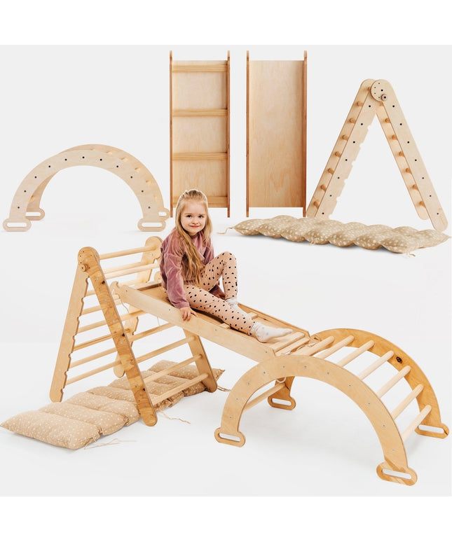 4in1 Montessori Climbing Set: Triangle Ladder + Climbing Arch + Slide Board & Cushion – Beige