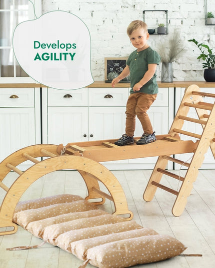 4in1 Montessori Climbing Set: Triangle Ladder + Climbing Arch + Slide Board & Cushion – Beige