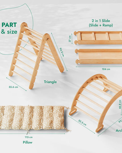 4in1 Montessori Climbing Set: Triangle Ladder + Climbing Arch + Slide Board & Cushion – Beige