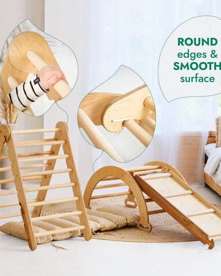 4in1 Montessori Climbing Set: Triangle Ladder + Climbing Arch + Slide Board & Cushion – Beige
