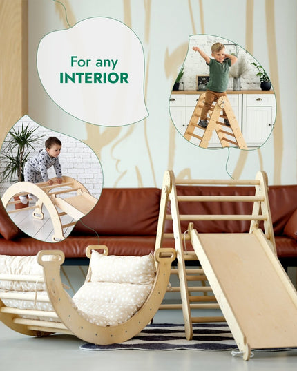 4in1 Montessori Climbing Set: Triangle Ladder + Climbing Arch + Slide Board & Cushion – Beige