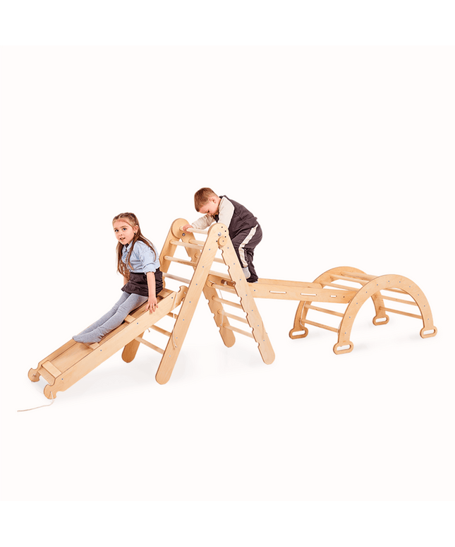 4in1 Montessori Climbing Set: Triangle Ladder + Climbing Arch + Slide Board + Net – Beige