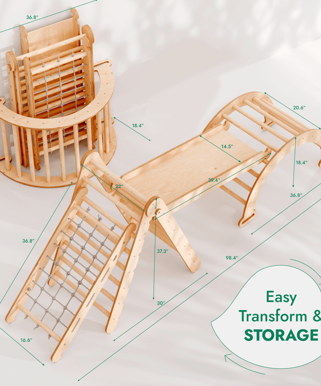 4in1 Montessori Climbing Set: Triangle Ladder + Climbing Arch + Slide Board + Net – Beige