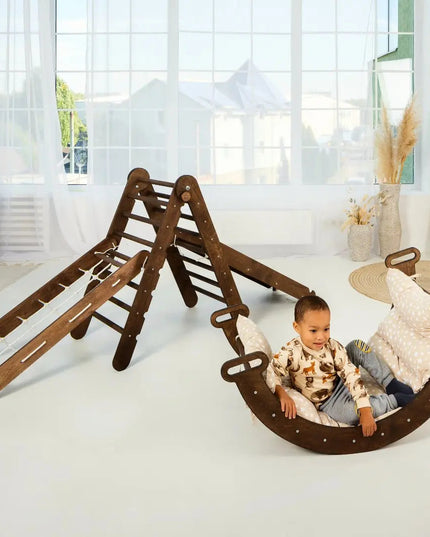 5in1 Montessori Climbing Set: Triangle Ladder, Climbing Arch, Slide, Net & Cushion – Chocolate