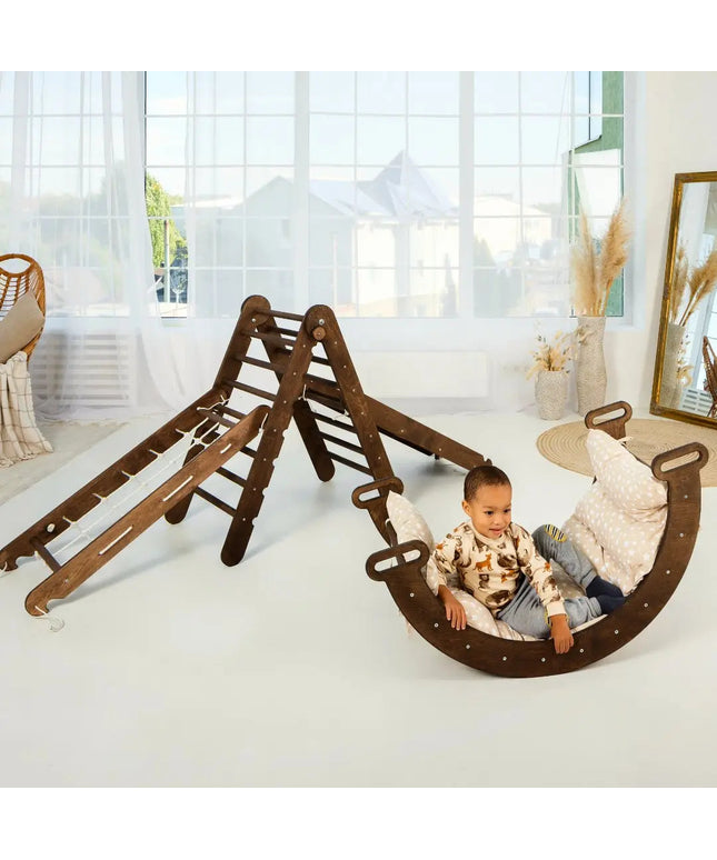 5in1 Montessori Climbing Set: Triangle Ladder, Climbing Arch, Slide, Net & Cushion – Chocolate