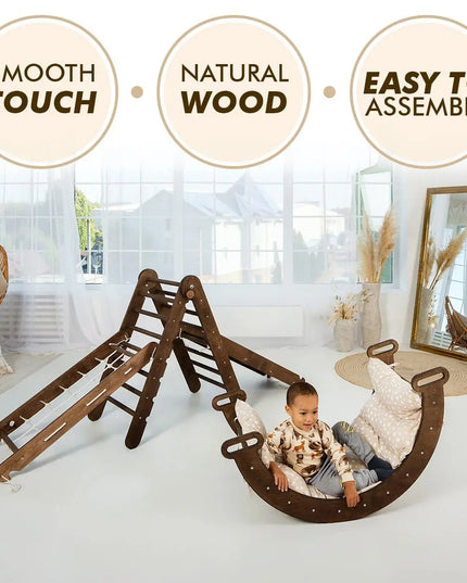 5in1 Montessori Climbing Set: Triangle Ladder, Climbing Arch, Slide, Net & Cushion – Chocolate