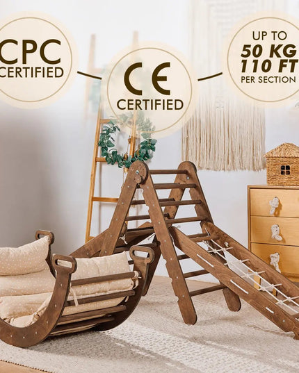 5in1 Montessori Climbing Set: Triangle Ladder, Climbing Arch, Slide, Net & Cushion – Chocolate