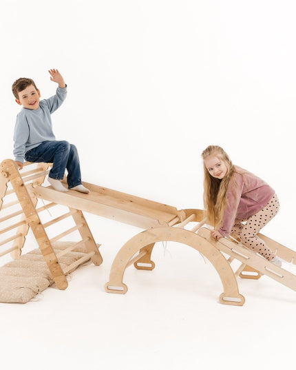 5in1 Montessori Climbing Set: Triangle Ladder + Arch/Rocker + Slide Board/Ramp + Netting rope + Cushion