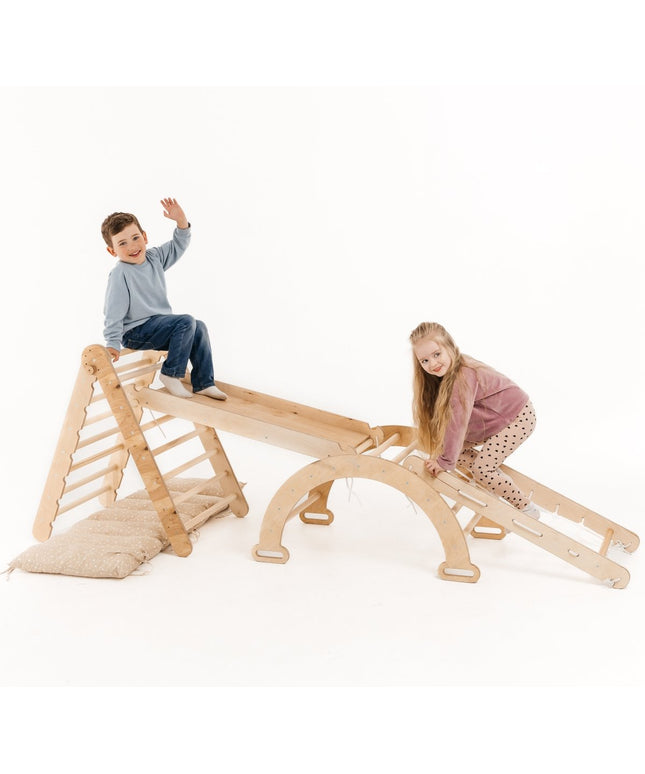 5in1 Montessori Climbing Set: Triangle Ladder + Arch/Rocker + Slide Board/Ramp + Netting rope + Cushion
