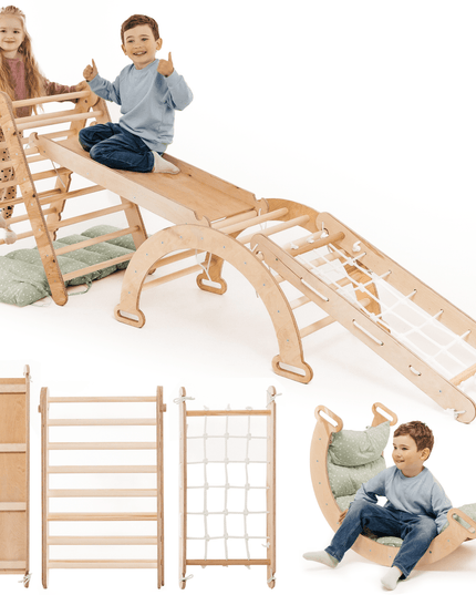 5in1 Montessori Climbing Set: Triangle Ladder + Arch/Rocker + Slide Board/Ramp + Netting rope + Cushion