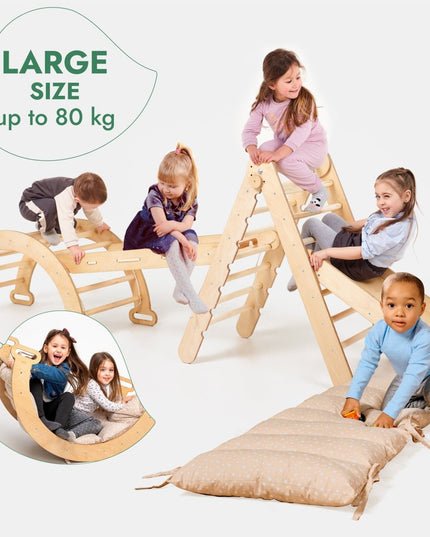 5in1 Montessori Climbing Set: Triangle Ladder + Arch/Rocker + Slide Board/Ramp + Netting rope + Cushion