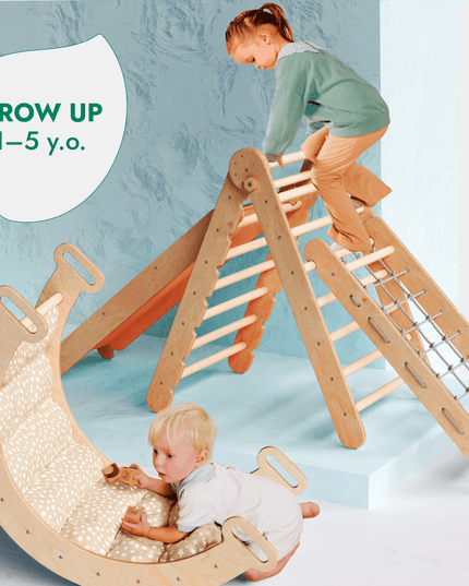 5in1 Montessori Climbing Set: Triangle Ladder + Arch/Rocker + Slide Board/Ramp + Netting rope + Cushion