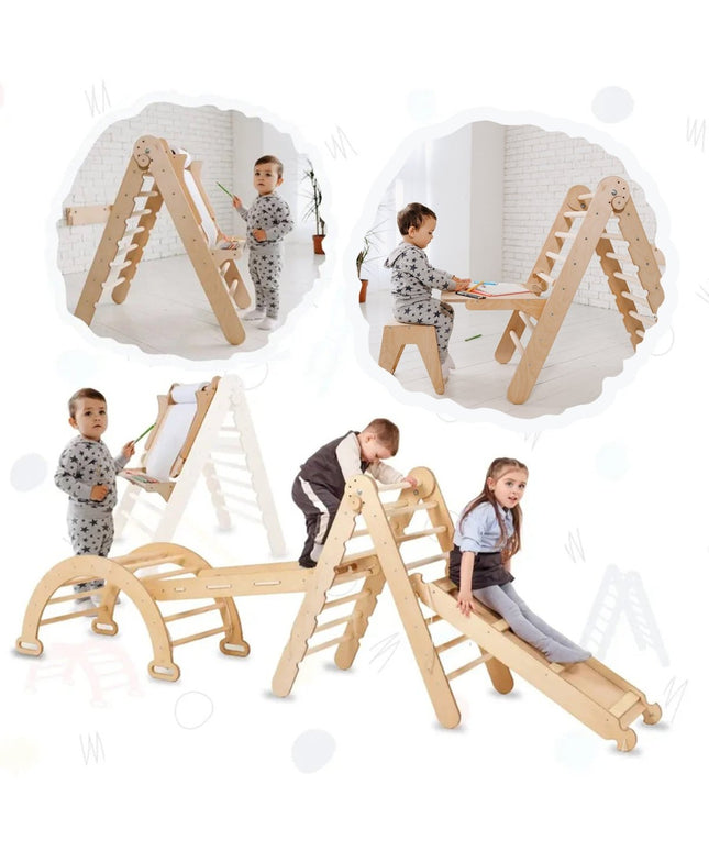 5in1 Montessori Climbing Set: Triangle Ladder + Climbing Arch + Slide Board + Climbing Net + Art Addition