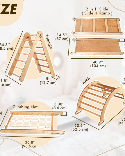5in1 Montessori Climbing Set: Triangle Ladder + Climbing Arch + Slide Board + Climbing Net + Art Addition