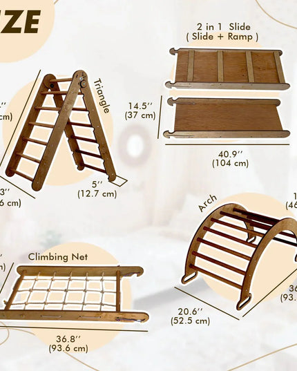 5in1 Montessori Climbing Set: Triangle Ladder, Climbing Arch, Slide, Net & Cushion – Chocolate
