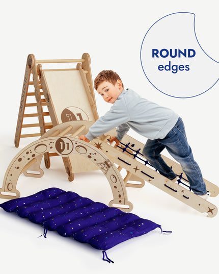 Apollo 5in1 Climbing Set:  Pikler Triangle, Net, Arch, Slide Board, and Cushion for Little Astronauts