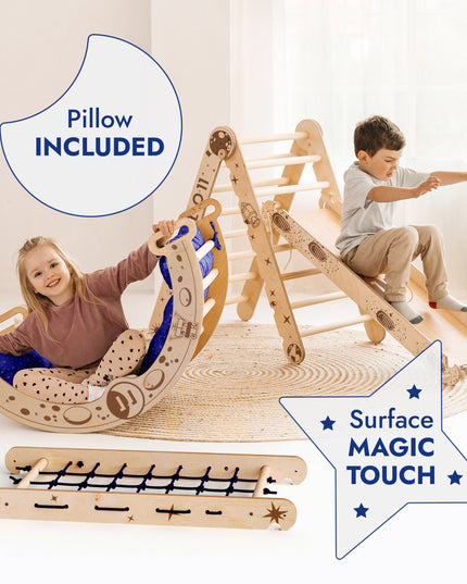 Apollo 5in1 Climbing Set:  Pikler Triangle, Net, Arch, Slide Board, and Cushion for Little Astronauts