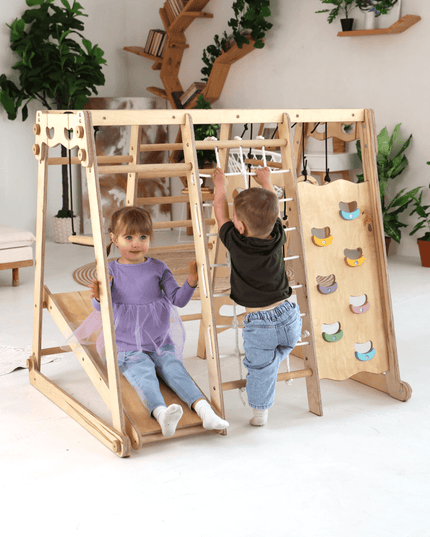 6in1 Indoor Jungle Gym for Toddler: Playground + Swings Set + Slide Board + Rope + Stairs