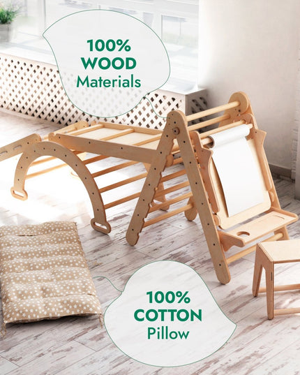 6in1 Montessori Climbing Set: Triangle Ladder + Arch/Rocker + Slide/Ramp + Net + Cushion + Art Addition