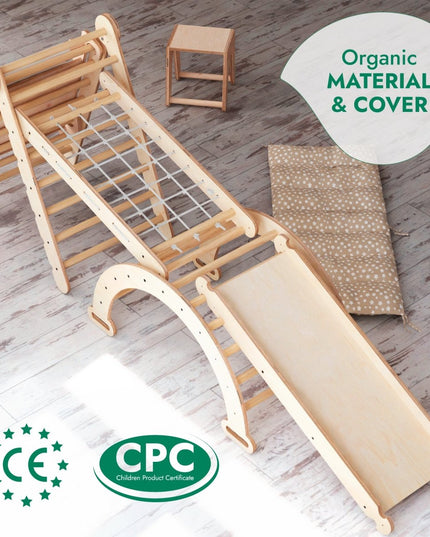 6in1 Montessori Climbing Set: Triangle Ladder + Arch/Rocker + Slide/Ramp + Net + Cushion + Art Addition