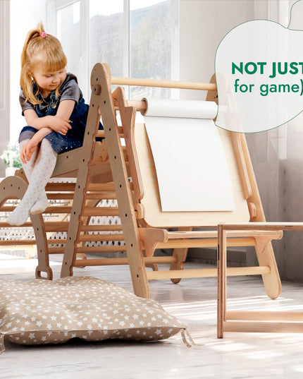 6in1 Montessori Climbing Set: Triangle Ladder + Arch/Rocker + Slide/Ramp + Net + Cushion + Art Addition