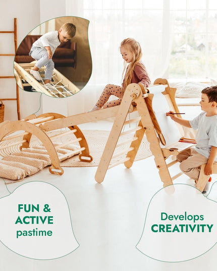 6in1 Montessori Climbing Set: Triangle Ladder + Arch/Rocker + Slide/Ramp + Net + Cushion + Art Addition