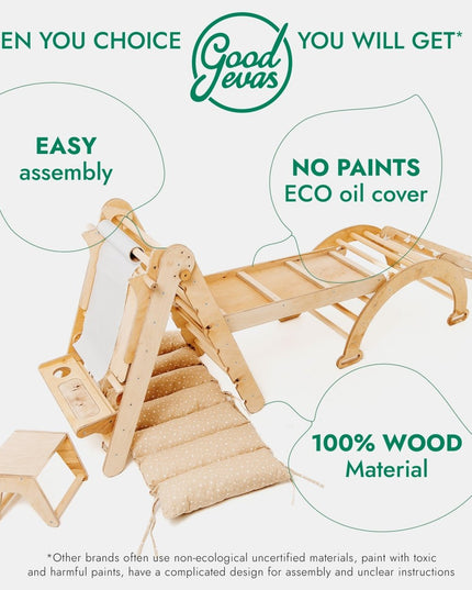 6in1 Montessori Climbing Set: Triangle Ladder + Arch/Rocker + Slide/Ramp + Net + Cushion + Art Addition