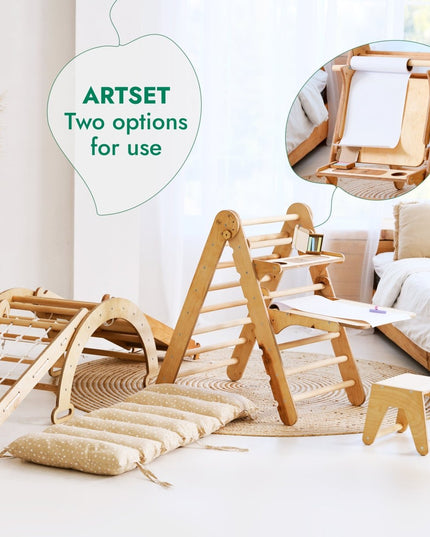 6in1 Montessori Climbing Set: Triangle Ladder + Arch/Rocker + Slide/Ramp + Net + Cushion + Art Addition