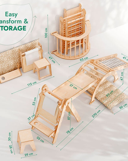 6in1 Montessori Climbing Set: Triangle Ladder + Arch/Rocker + Slide/Ramp + Net + Cushion + Art Addition