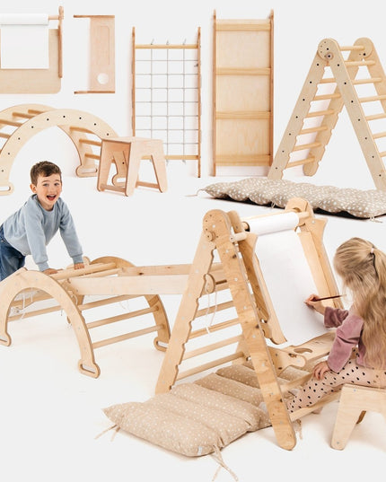 6in1 Montessori Climbing Set: Triangle Ladder + Arch/Rocker + Slide/Ramp + Net + Cushion + Art Addition