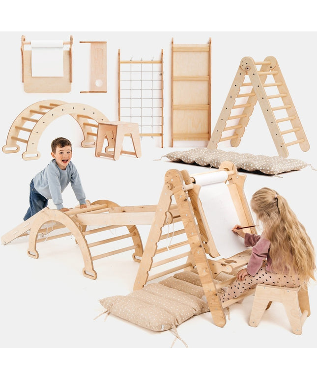 6in1 Montessori Climbing Set: Triangle Ladder + Arch/Rocker + Slide/Ramp + Net + Cushion + Art Addition