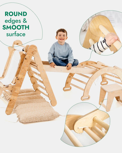 6in1 Montessori Climbing Set: Triangle Ladder + Arch/Rocker + Slide/Ramp + Net + Cushion + Art Addition