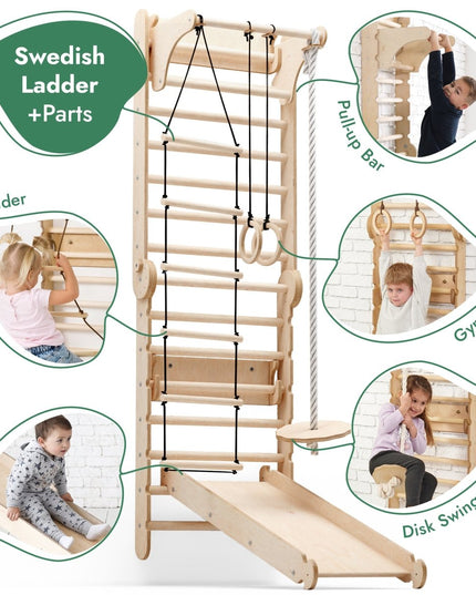 6in1 Wooden Swedish Wall / Climbing ladder for Children + Swing Set + Slide Board